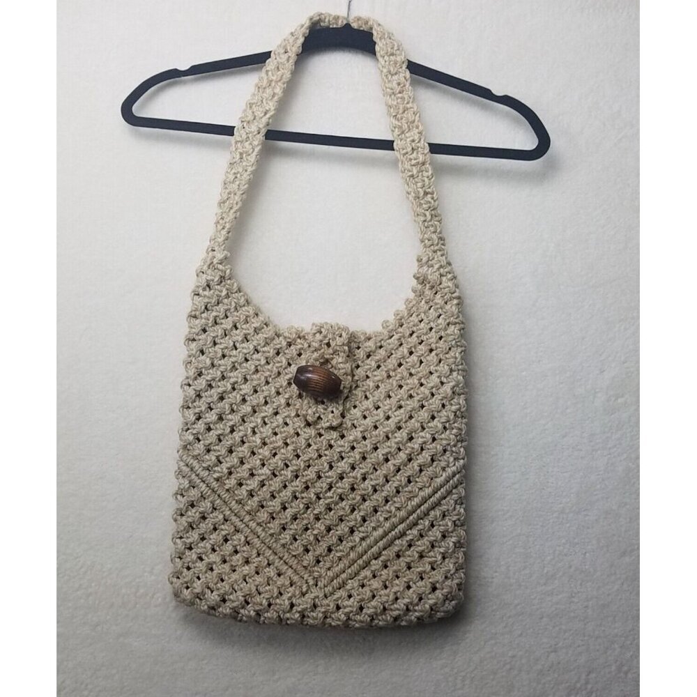Purse Hobo shoulder Crochet Woven large macramé knotted wood bead closure